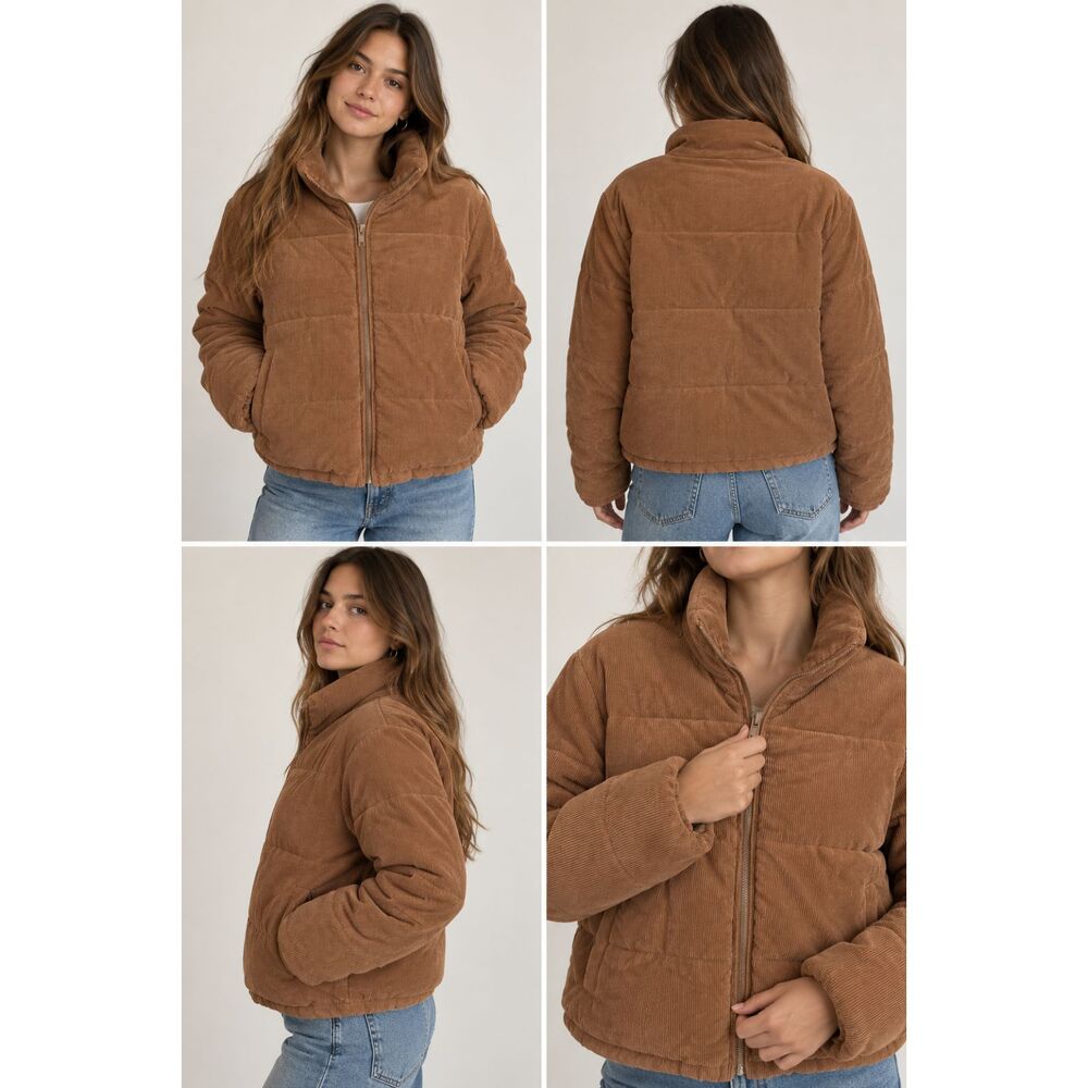 BRANDY MELVILLE J. Galt Zippered Puffer Jacket Camel Brown ONE SIZE